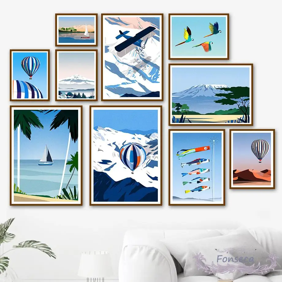 

Sailboat Airplane Hot Air Balloon Mountain Tree Bird Canvas Painting Nordic Cartoon Illustration Poster Wall Art Pictures