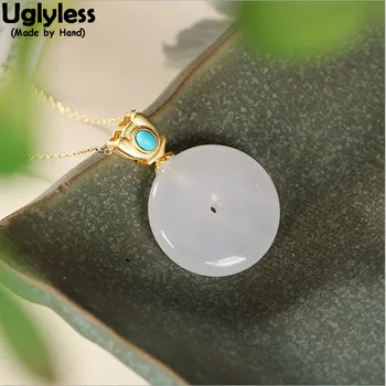 

Uglyless China Chic Ping An Buckle Pendants Necklaces NO Chains Natural Jade Turquoise Pendants Round Square Jewelry 925 Silver