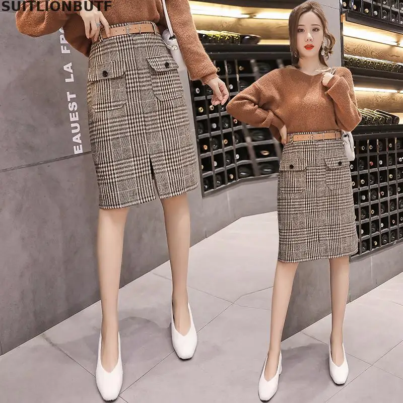 S-2xl, шерстяная клетчатая юбка с карманами, юбка с высокой талией, осенне-зимняя женская одежда, Корейская юбка с разрезом