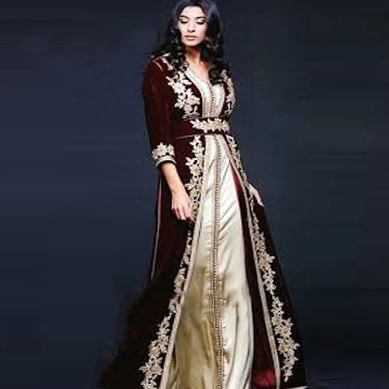 

Eightale Caftan Evening Dress Morocco Kaftan Velvet V-Neck Arabic Dubai Appliques Long Sleeves Burgundy Prom Party Dress