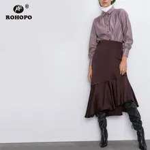 ROHOPO/Юбка-миди с завышенной талией, бордовая, с оборками, с градиентом, элегантная, однотонная, мягкая, шелковистая, сбоку, на молнии, до середины икры, Falda#1330