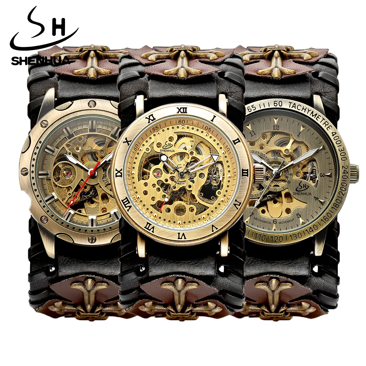 Shenhua Relógio Gótico do Vintage Marrom Rock Steampunk Esqueleto Tourbillon Masculino Mecânico Automático Relógio Luminoso Aço Inoxidável - Image 3