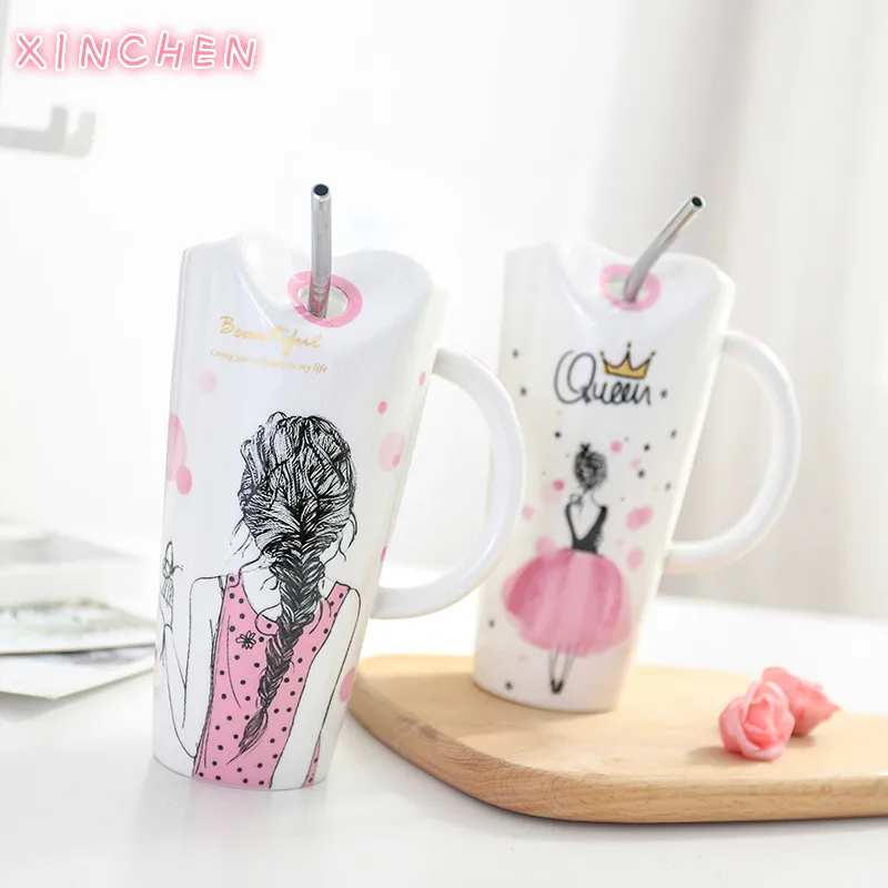 

XINCHEN Cute Girl Ceramic Cup 450ml Porcelain Coffee Mug with Straw Women Home Milk Tea Juice Cups Birthday Gift