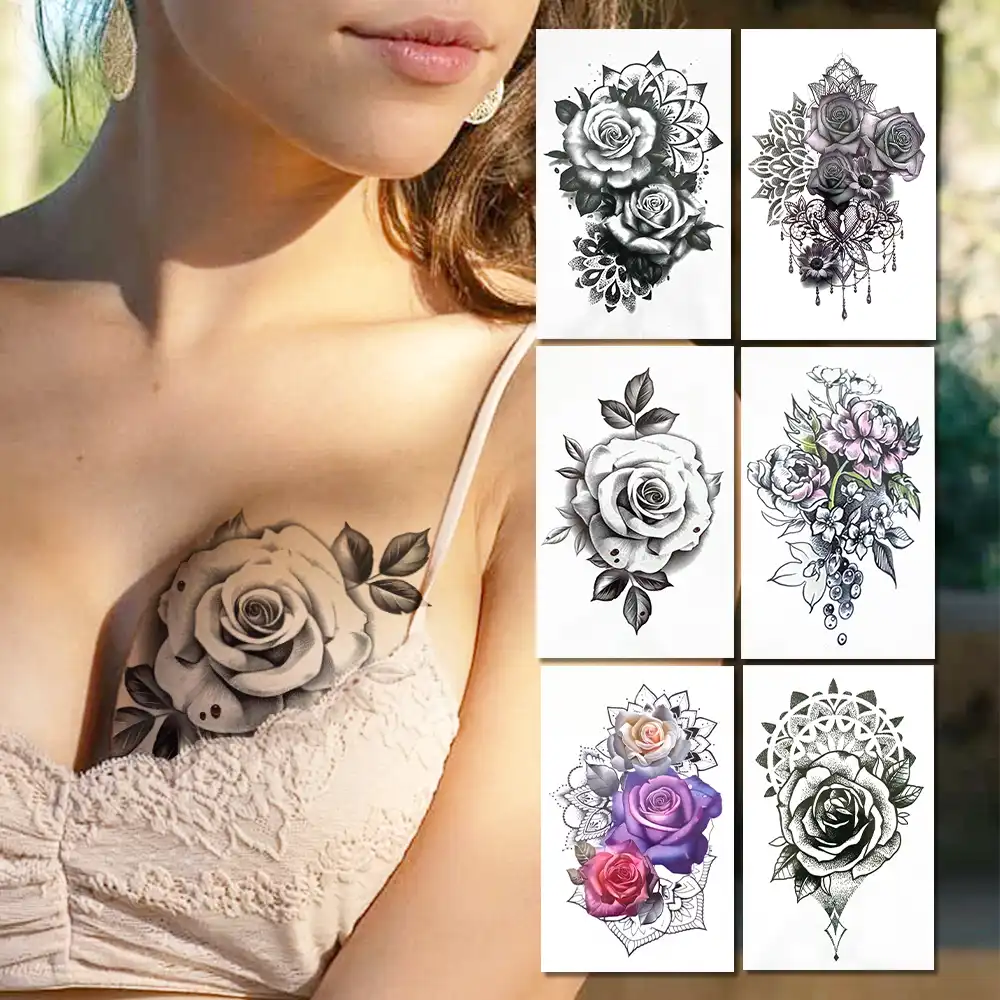 Rosa Flor Tatuajes Temporales Para Las Mujeres Sexy Chicas Cerezo Tatuaje Pecho Y Espalda De Henna Mehndi Cadenas Tatuajes A Prueba De Agua Tatuajes Temporales Aliexpress