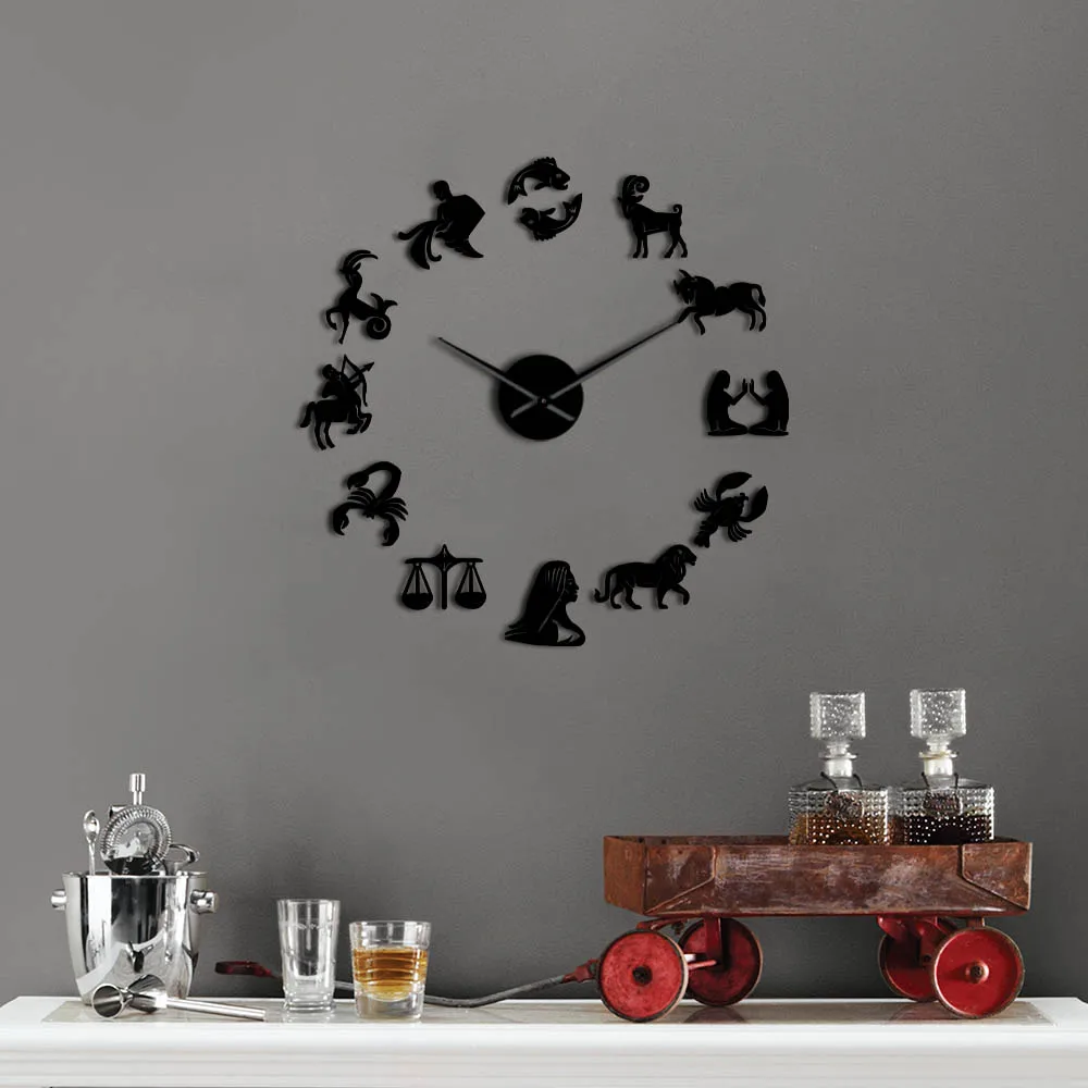 12 Zodiac Signs 3D Acrylic DIY Wall Clock Modern Astrology Wall Art Decor Quiet Sweep Clock Watch Creative Show Mirror Effect