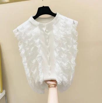

Lace Panel Sleeveless Ruffled Stand Collar Shirt Women Summer New Knitted Shirt Tops Ladies Slim Shirts Blusas Mujer