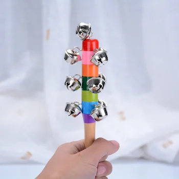 

NEW 2PCS Wooden Stick 10 Jingle Bells Rainbow Hand Shake Bell Rattles Baby Kids Children Educational Toy - Random Delivery