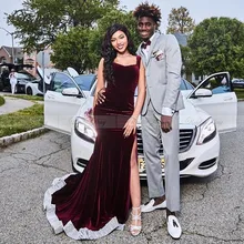 Элегантное бархатное бордовое платье русалки для выпускного вечера для черных девушек с разрезом по бокам Длинные платья для выпускников африканские женские вечерние платья