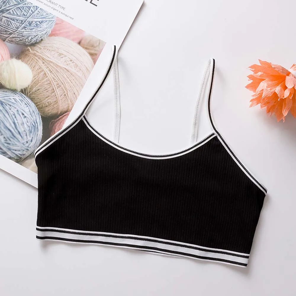 1PC Teenage Puberty Girl Sweet Candy Color Bra Underwear Striped Patchwork Thread Ribbed Wireless Bralette Vest - Цвет: Black