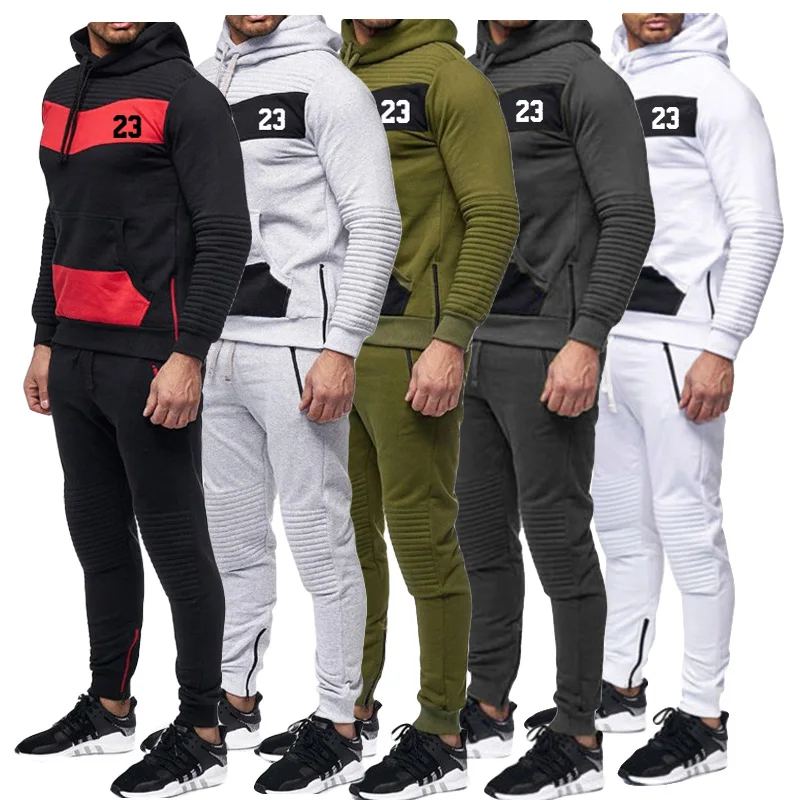 

Casual Slim 2 Pieces Sets Tracksuit Men Hoodies Pullover Patchwork Contrast Color Sweatshirt Pant Sportswear Outdoors Streetwear