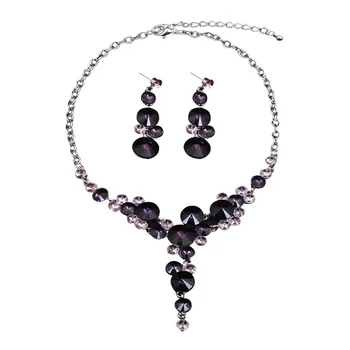 

New Women's Jewelry Set European American Fashion Amethyst Crystal Short Clavicle Necklace Earring Female Party Dress Accessorie