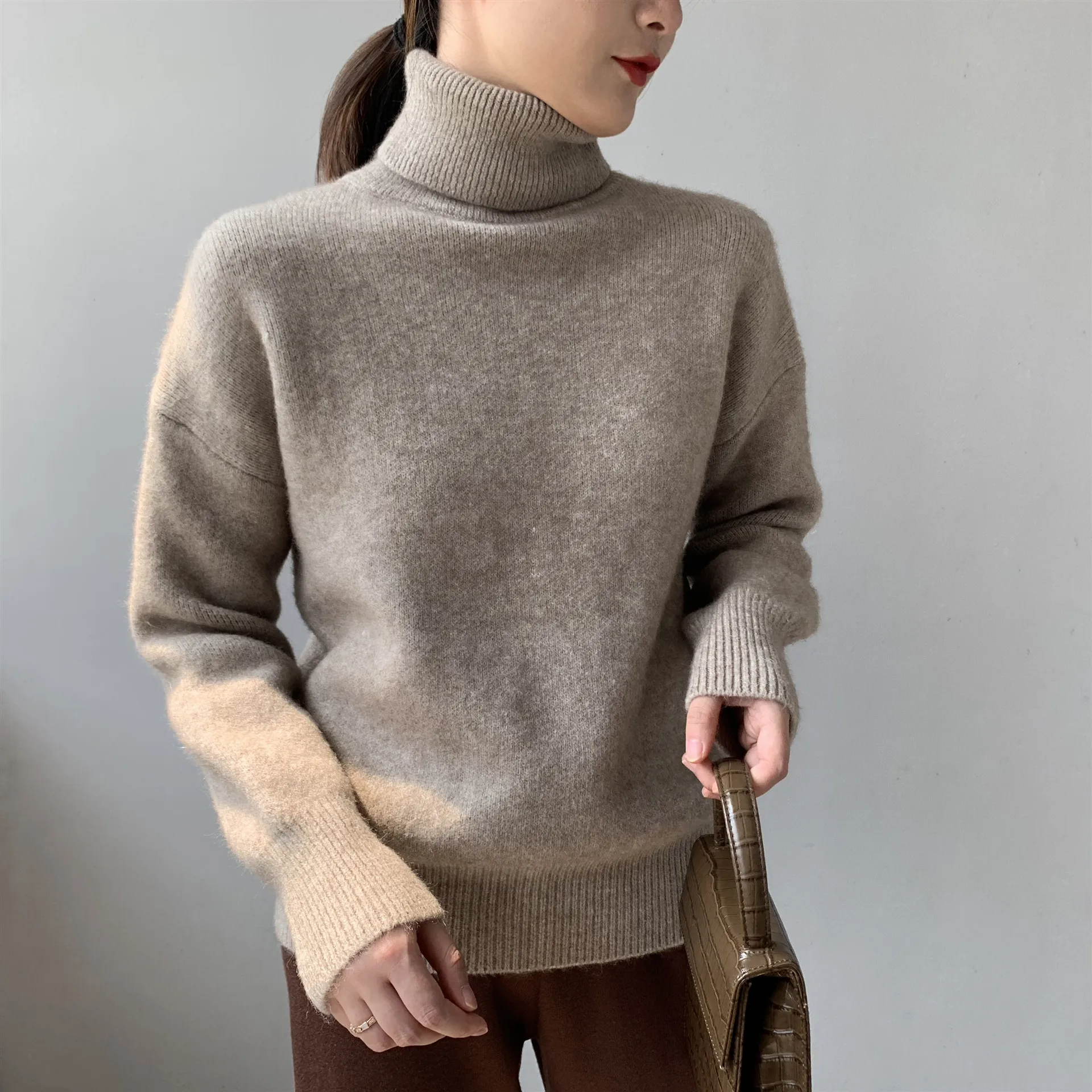 milk-khaki INNASOFAN, толстый женский свитер, осень, весна, длинный рукав, свитер, евро-американская мода, шикарный, элегантный, с высоким воротом, однотонный - Цвет: milk-khaki