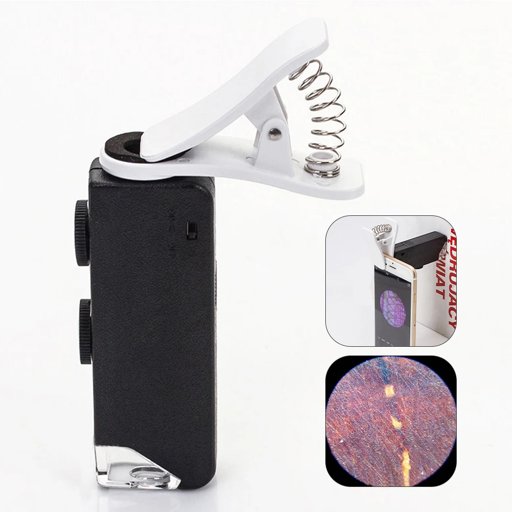 Micro Inspect ювелирные изделия универсальный зажим 60x-100x зум линза мобильного телефона Микроскоп светодиодный Лупа часы Питание от батареи