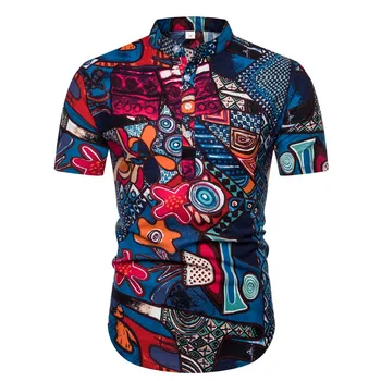 

Summer Men's Blouse Shirts Ethnic Short Sleeve Cotton Linen Hawaiian Printing Casual Buttons Up Men Dress Shirts Tops Clothing