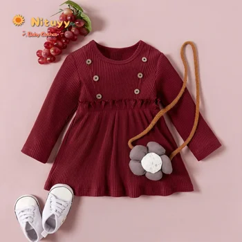 

2020 Toddler Baby Girl Dresses Autumn Long Sleeve Sweet Cotton Soft Dress Ruffle And Botton Patchwork Solid