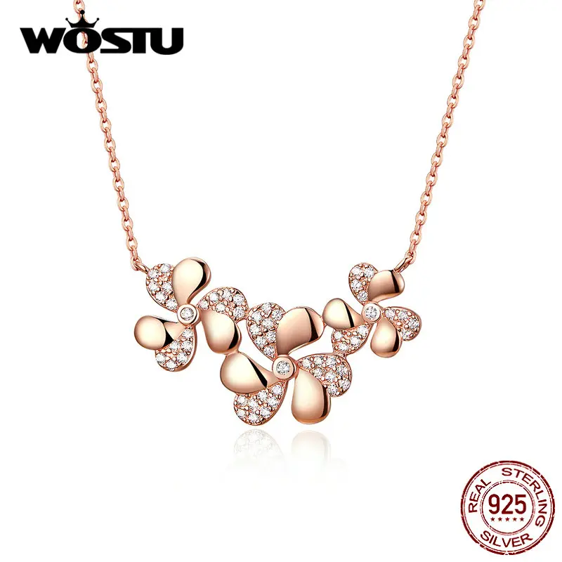 WOSTU Authentic 925 Sterling Silver Clover Nakelace Classic Gentle Rose Gold Color Flower Necklace For Women Jewelry BKN375