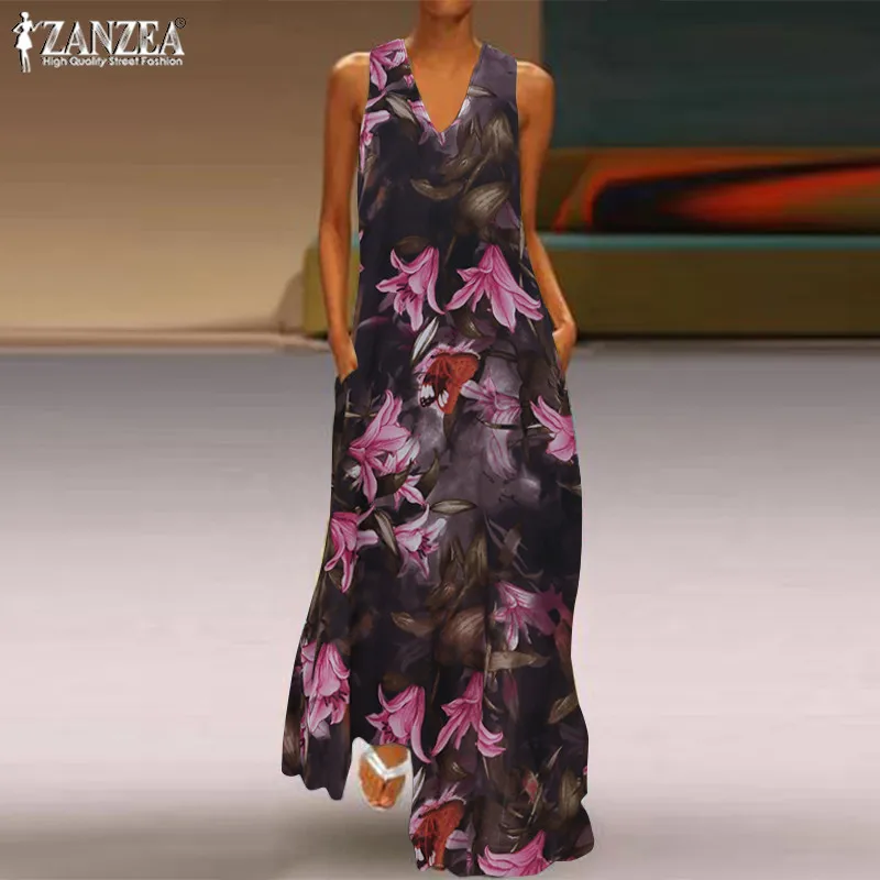 

Bohemian Maxi Dress Women's Printed Sundress ZANZEA 2019 Summer Casual V Neck Long Vestidos Female Floral Party Robe Plus Size