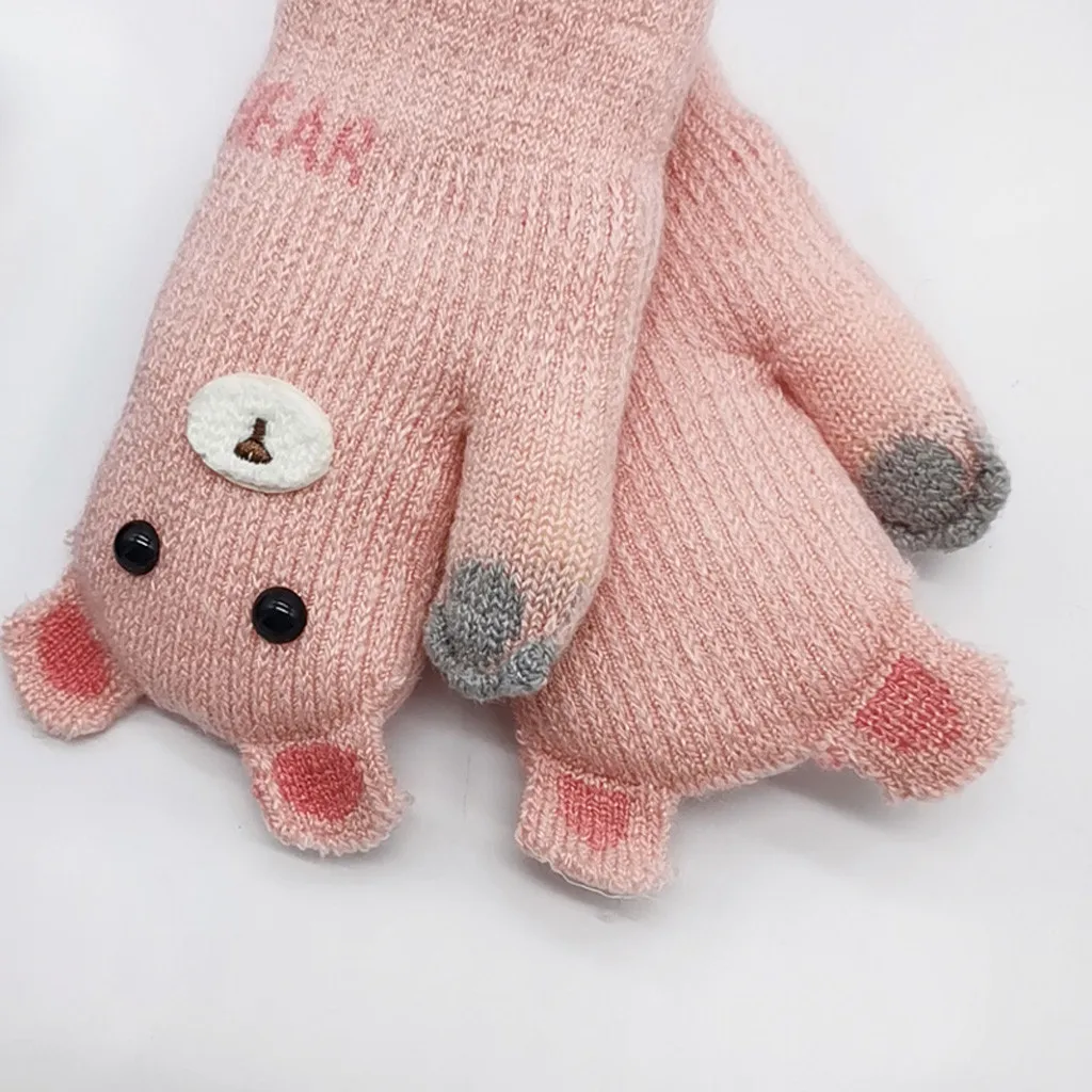 Детские зимние перчатки на бретельках с изображением медведя; кашемировые перчатки с принтом; теплые уличные милые перчатки с героями мультфильмов; 1 пара