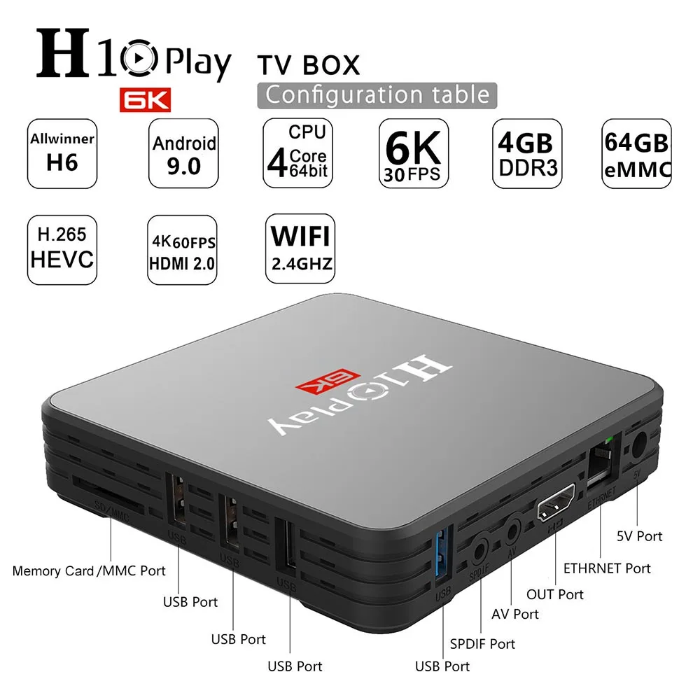 Смарт ТВ-приставка H10 PLAY Android 9 0 четырехъядерный Allwinner H6 Cortex-A53 2 4 ГГц Wi-Fi поддержка
