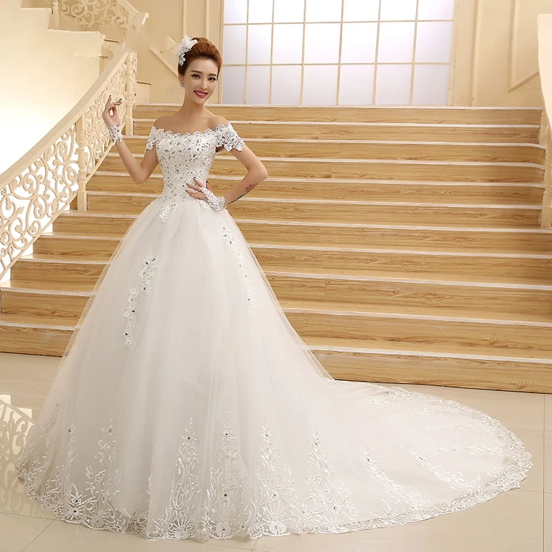 Robe de mariee Cathedral Tail Роскошная свадебная одежда с открытыми плечами с короткими рукавами и кружевной аппликацией Vestido De Noiva свадебное платье