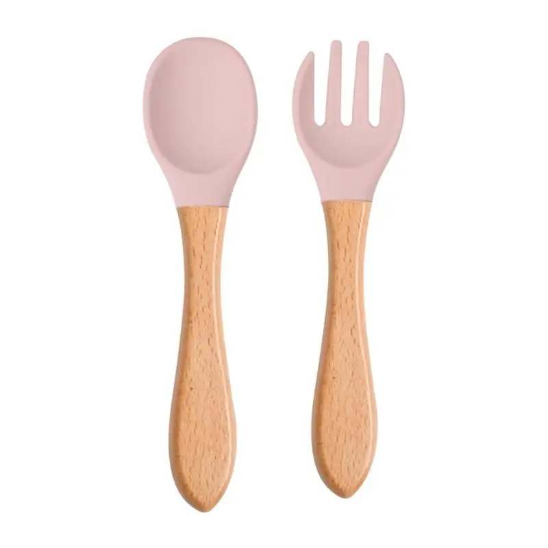 baby butt lift brush 2Pcs Silicone Tips Baby Feeding Training Spoon and Fork Set with Wooden Handle Toddlers Infant Eat Independent Accessory baby butt lift brush Feeding