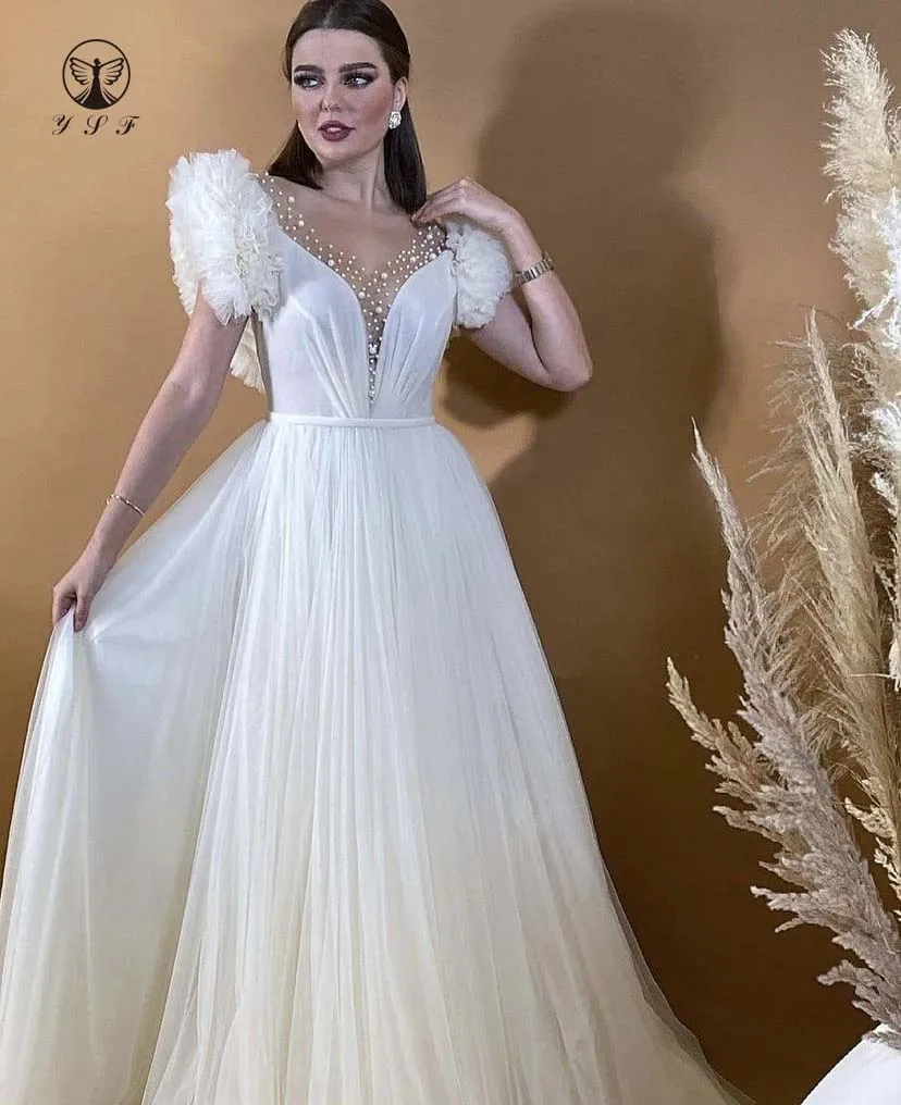 

Fashion Wedding Dresses Illusion O Neck Beaded Pearls Short Sleeve Chiffon Garden Bridal Gown