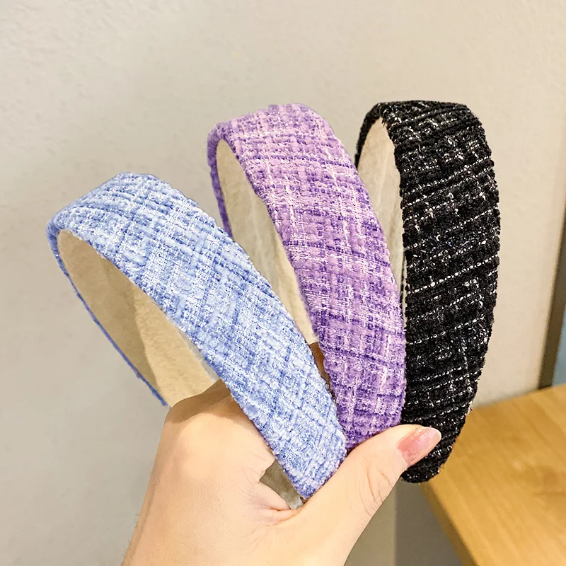 Q1Pcs Wide Side Lady Head Hoop Simple Super Quality Tweed Headbands for