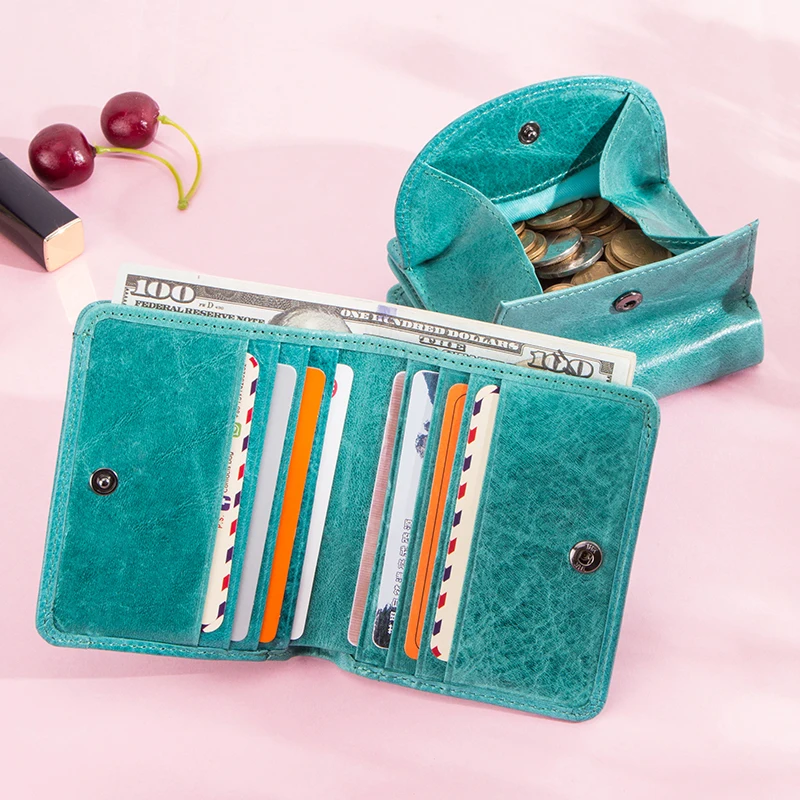 Contacts-billeteras cortas de piel auténtica para mujer, Mini monedero a la moda, monedero femenino, tarjetero, regalo para niña