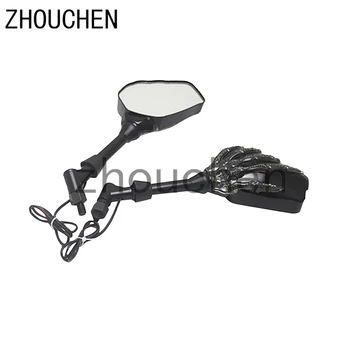 

Pair Black Motorcycle Motorbike ATV 8mm 10mm Rear View Side Mirror Skeleton Skull Claw Scooter Left Right with LED Light