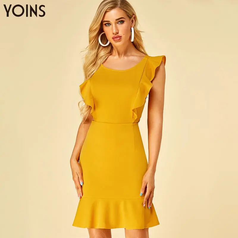 YOINS 2019 женское весенне летнее платье с рюшами круглым вырезом без рукавов мини