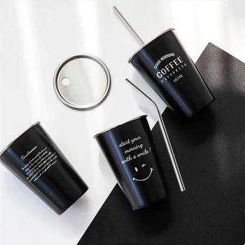 

Stainless Steel Coffee Mug with Lid Straw Creative Letter Travel Camping Tea Milk Juice Cups Home Office Gift Beer Cup 1pc