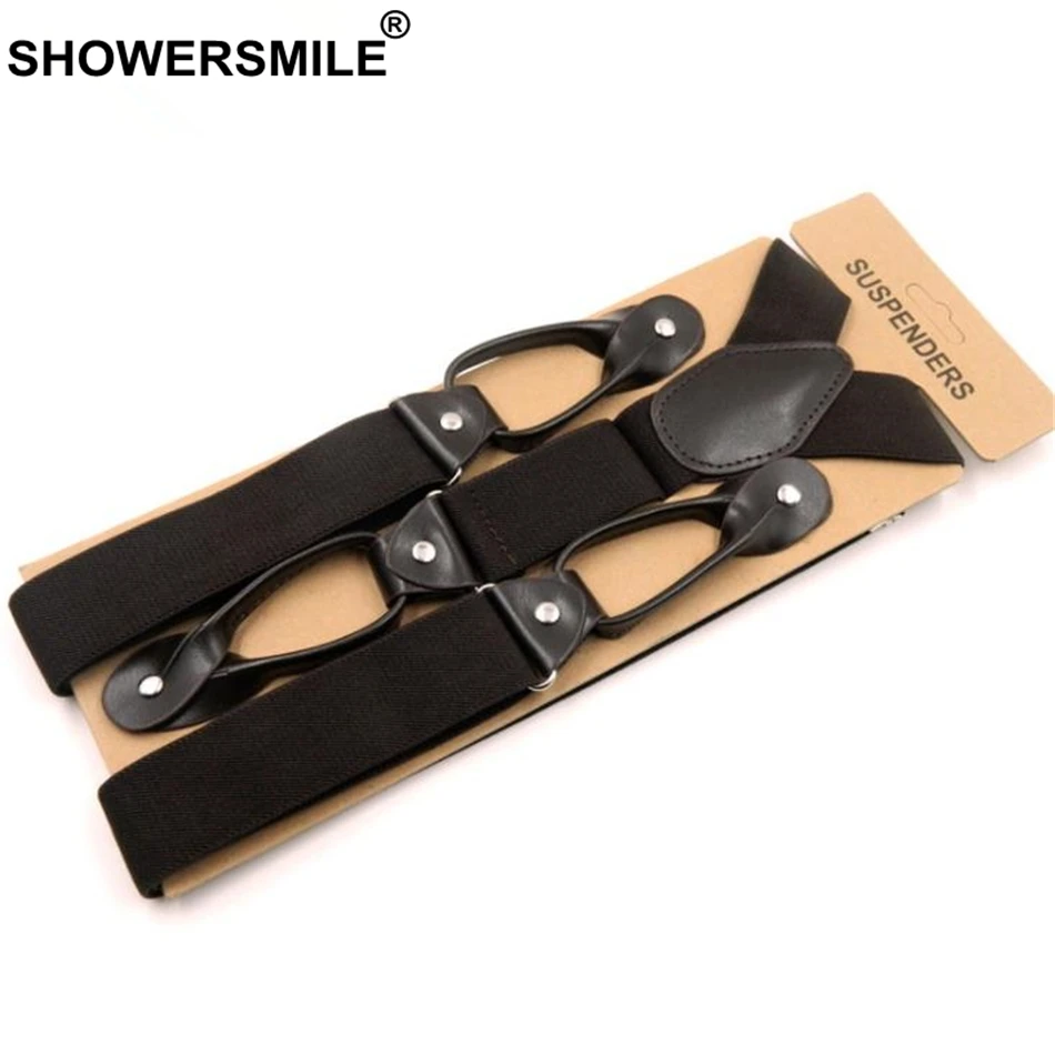 Подтяжки SHOWERSMILE мужские на пуговицах широкие однотонные темно синие кожаные