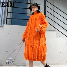 [EAM] женское оранжевое трикотажное платье с кисточками большого размера, новинка, высокий воротник, длинный рукав, свободный крой, модная одежда, весна-осень, 1K362