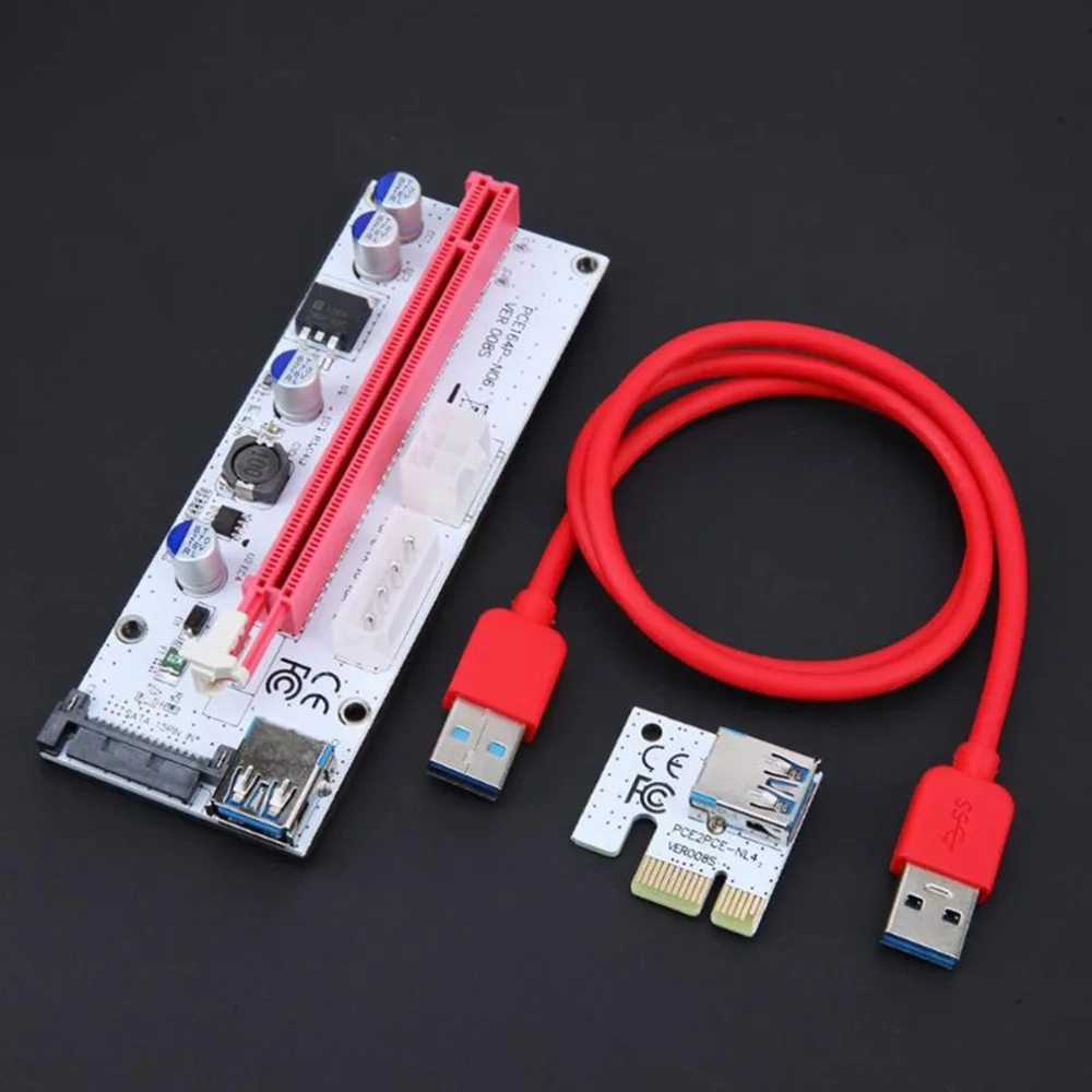 VER008S PCI-E Riser Card PCI-E 1x до 16x с 4pin 6pin Sata три порта питания+ USB расширенный кабель для Bitcoin Miner