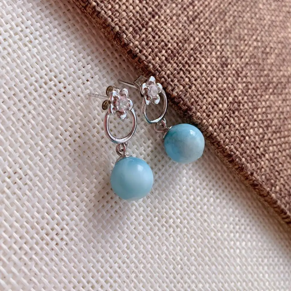 

912 Fine Jewelry real high quality 925 sterling Silver 100% Natural Larimar 9mm Gemstone Earrings For Women Fine earrings