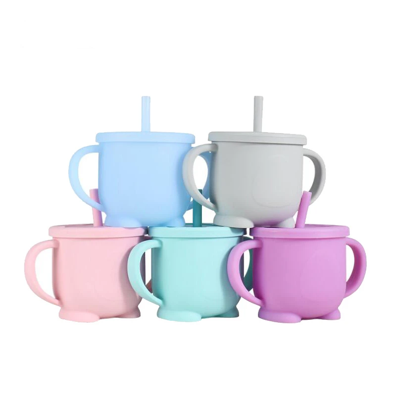 

Solid Baby silicone Sippy Cups Feeding Cups Babi Learning drink Baby Drinkware For Toddlers Kids With Silicone Straw Cup Lids
