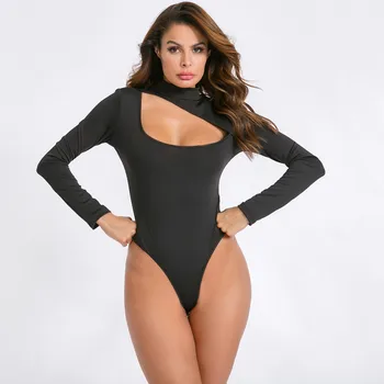 

Womens Jumpsuit Fashion High Neck Long Sleeve Solid Color Slim Bodysuit Casual Hollow Out Short Playsuit Womens 2019 Hot Autumn