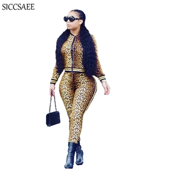 

Leopard Print 2 Piece Pants Set Women Striped Rib Tracksuit Sexy Casual Sweatsuit Clothing Cardigan Ensemble Femme Autumn Winter