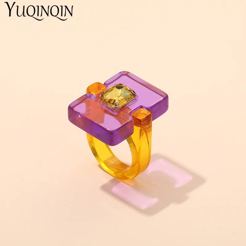 Girls Finger Rings Resin Rhinestone Crystal Punk Geometric Square Big Rings for Women Fashion Jewelry Party Gifts