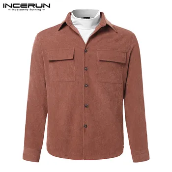 

INCERUN Men Solid Lapel Long Sleeve Corduroy Jackets Shirts Fashion Casual Joker Autumn Comfort Mens Button Blouse Outerwear