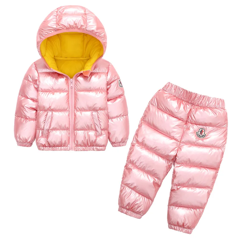 Г. Зимняя теплая хлопковая куртка с капюшоном+ брюки, комплекты одежды для детей, костюм для девочек и мальчиков, верхняя одежда, плотный блестящий Зимний комбинезон, 2 шт