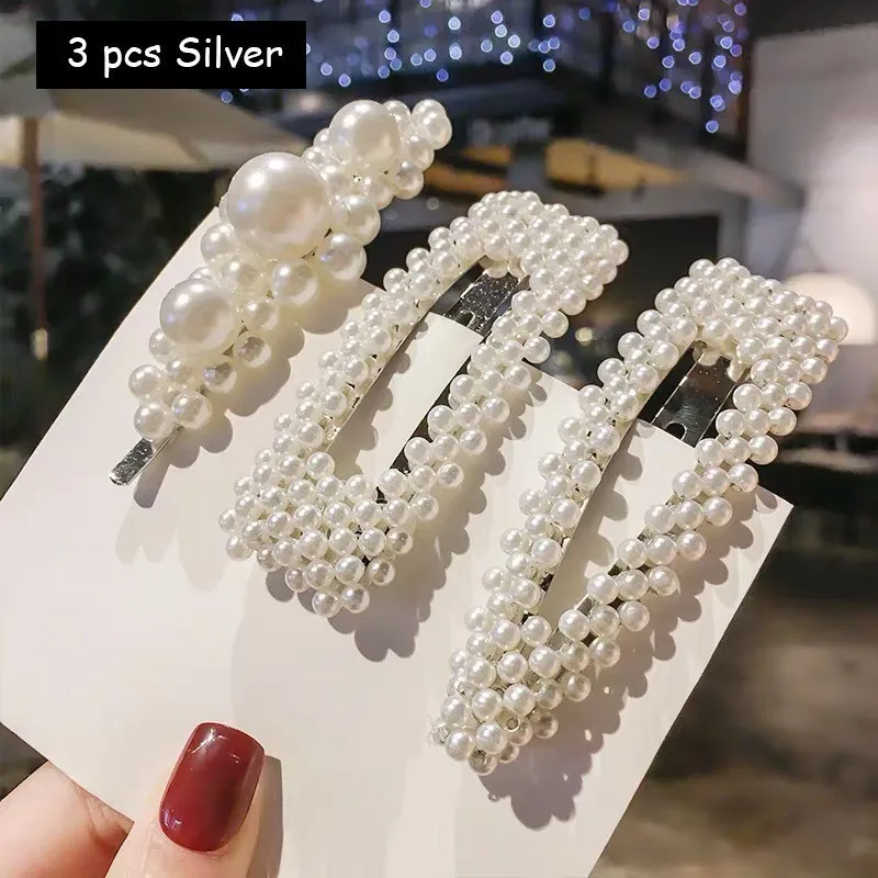 3 pcs Silver 1 Новые корейские заколки с искусственным жемчугом, украшенные бисером, геометрические женские заколки для волос, аксессуары для волос, ювелирные изделия для девочек, модные заколки для волос - Цвет: 3 pcs Silver 1