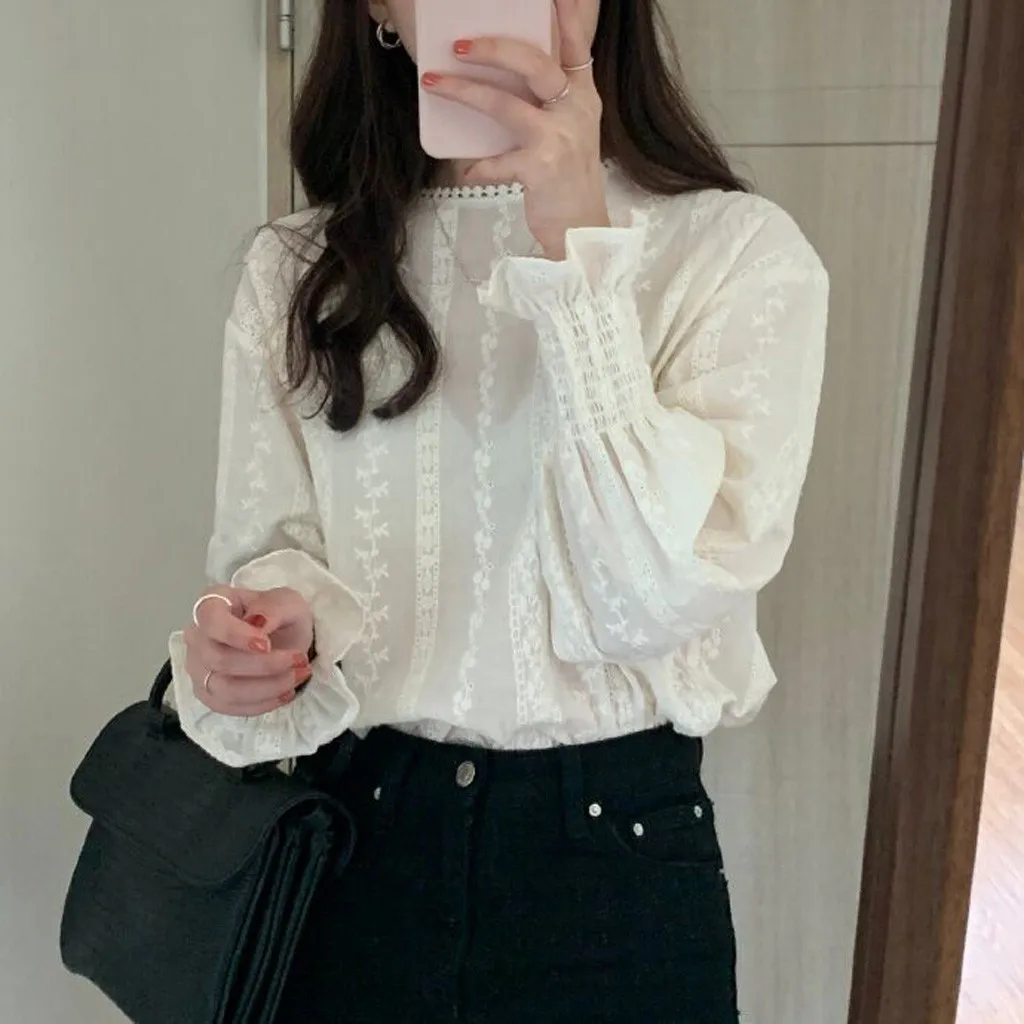 Women Blouses 2020 spring See-through Sheer Mesh Blouse Long Sleeve Shirt Tops Tee Shirts White Bloust O-neck Tops 4