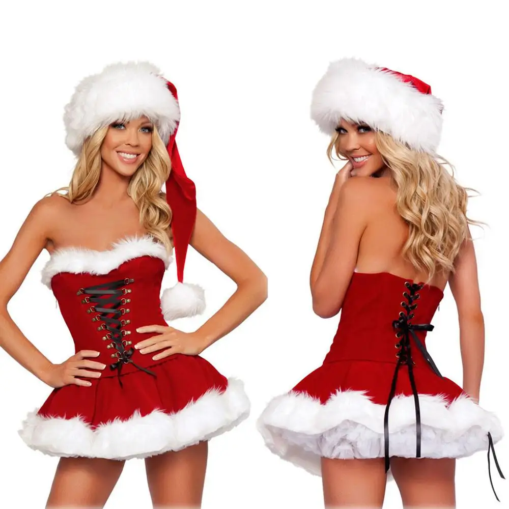 Женские пижамы размера плюс, новогодний Рождественский костюм для женщин, красное пикантное платье, для взрослых женщин, маскарадный костюм+ шляпа, ночная рубашка, нижнее белье