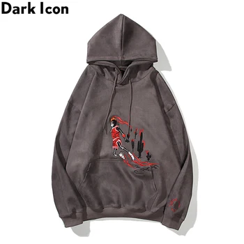 

Dark Icon Embroidery Front Pocket Hoodie Men Suede Material Hip Hop Hoodies Streetwear Men Clothing