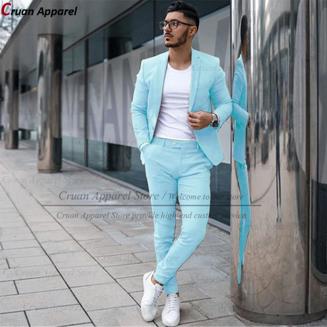 Traje a cuadros azul claro para hombre, traje de 2 piezas para novio, mejores  pantalones, Blazer de negocios para boda (chaqueta + pantalones) -  AliExpress