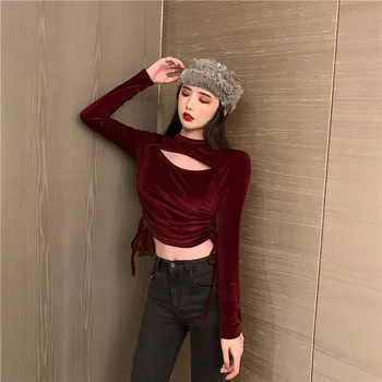 

Focal20 Streetwear Solid Color Velvet Women T Shirt Drawstring Hollow Out Female Pullovers Tops Sexy Autumn Lady T Shirts Tees