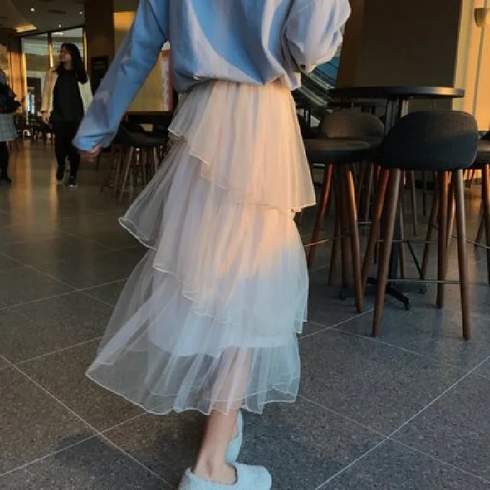 

2020 Spring Clothing Korean-style Mid-length Very Fairy of Gauze Pleated Skirt Online Celebrity Cake Dress High Waist Skirt A- l