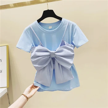

2020 Summer New T Shirts Women Korean-Style Wild Cotton Bow Fashion Ladies T Shirts Short Sleeved Round Neck Women Clothing Tops