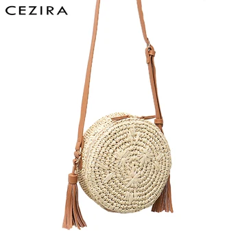 

CEZIRA Small Tassel Round Straw Beach Zip Bag Bohemian Casual Style Fresh Embroidered Woven Girls Long Belt Shoulder&Crossbody